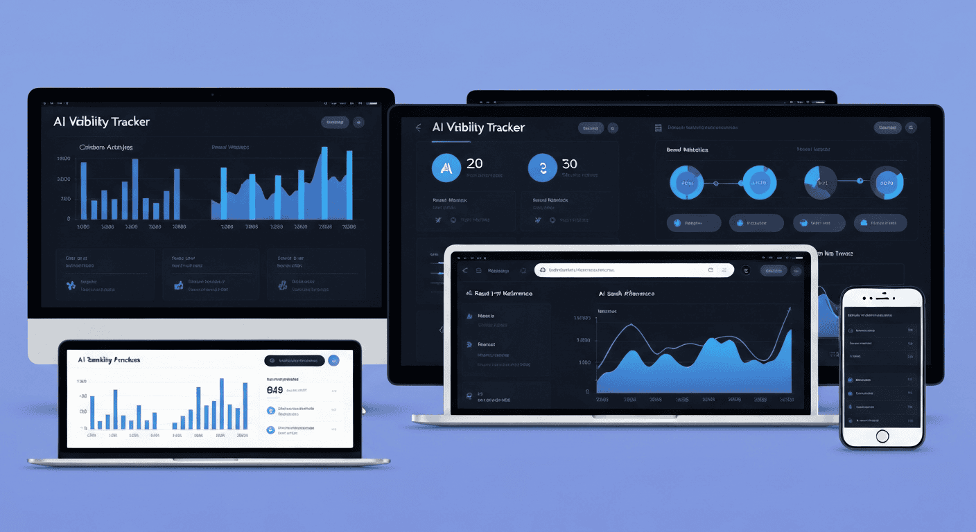 AI visibility tracker dashboard across devices showing citation analysis, brand mentions, and AI search performance metrics