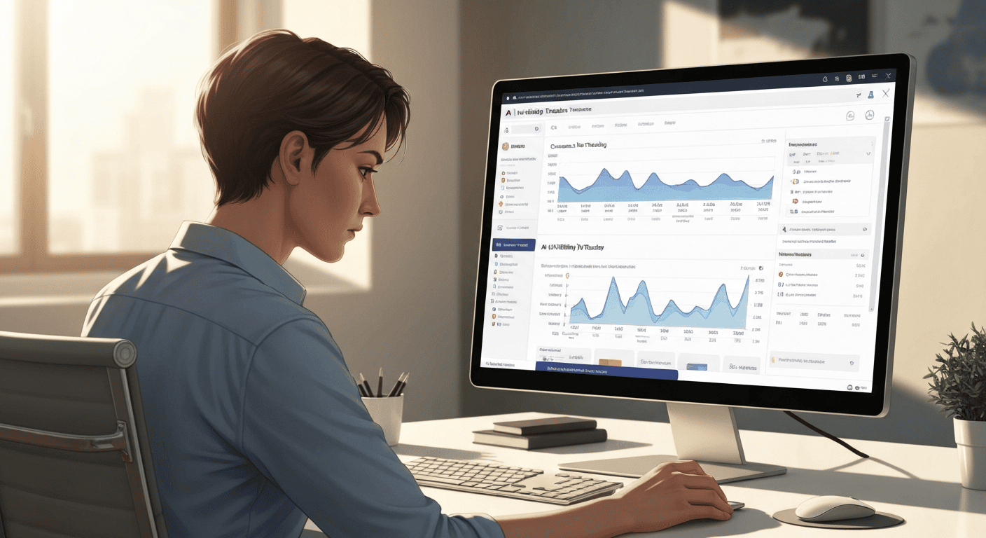 Professional reviewing AI visibility tracker data dashboard with citation tracking graphs and visibility metrics
