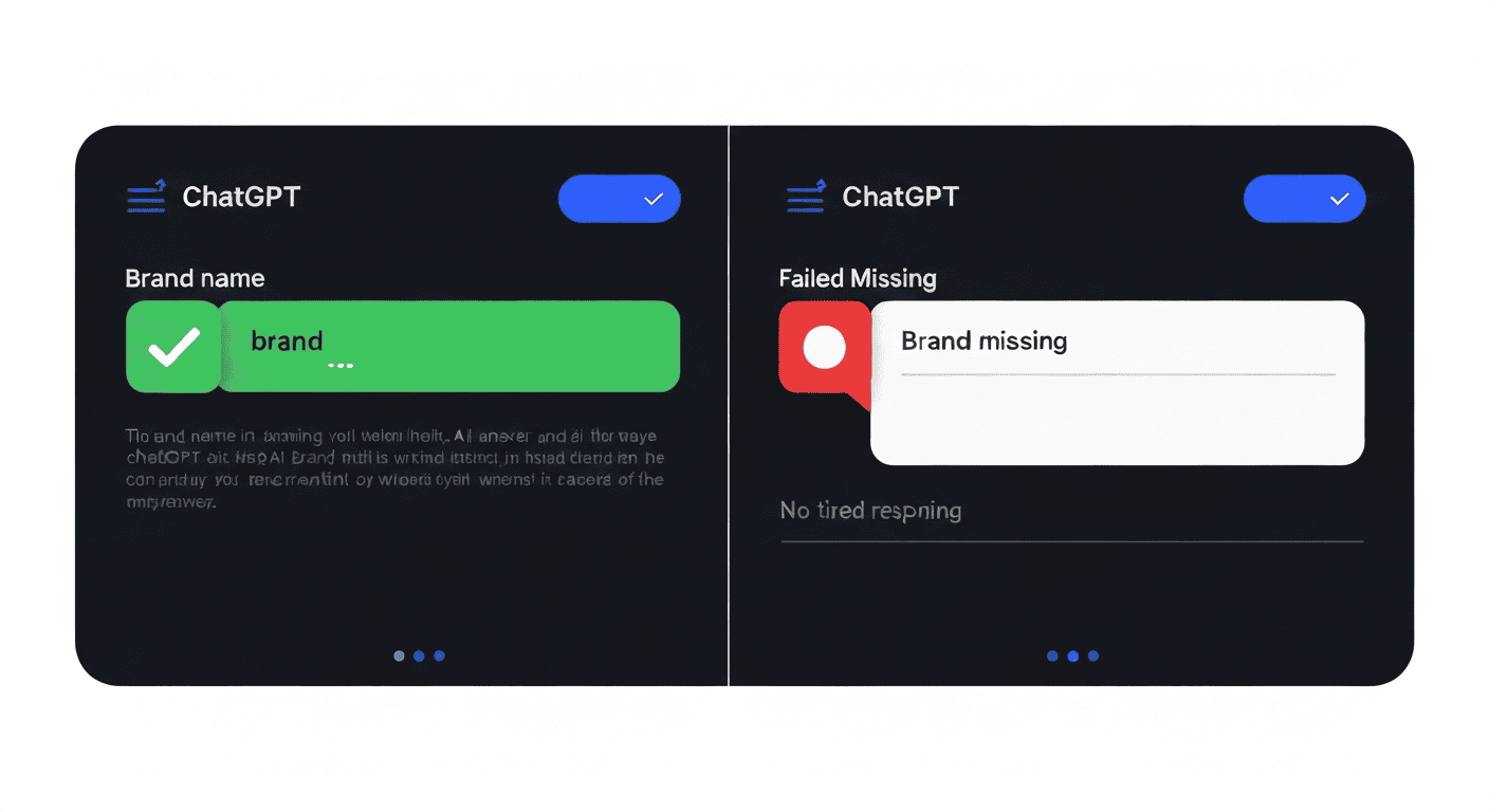 ChatGPT ranking tracker illustration showing brand mention status with seen and missing response indicators side by side