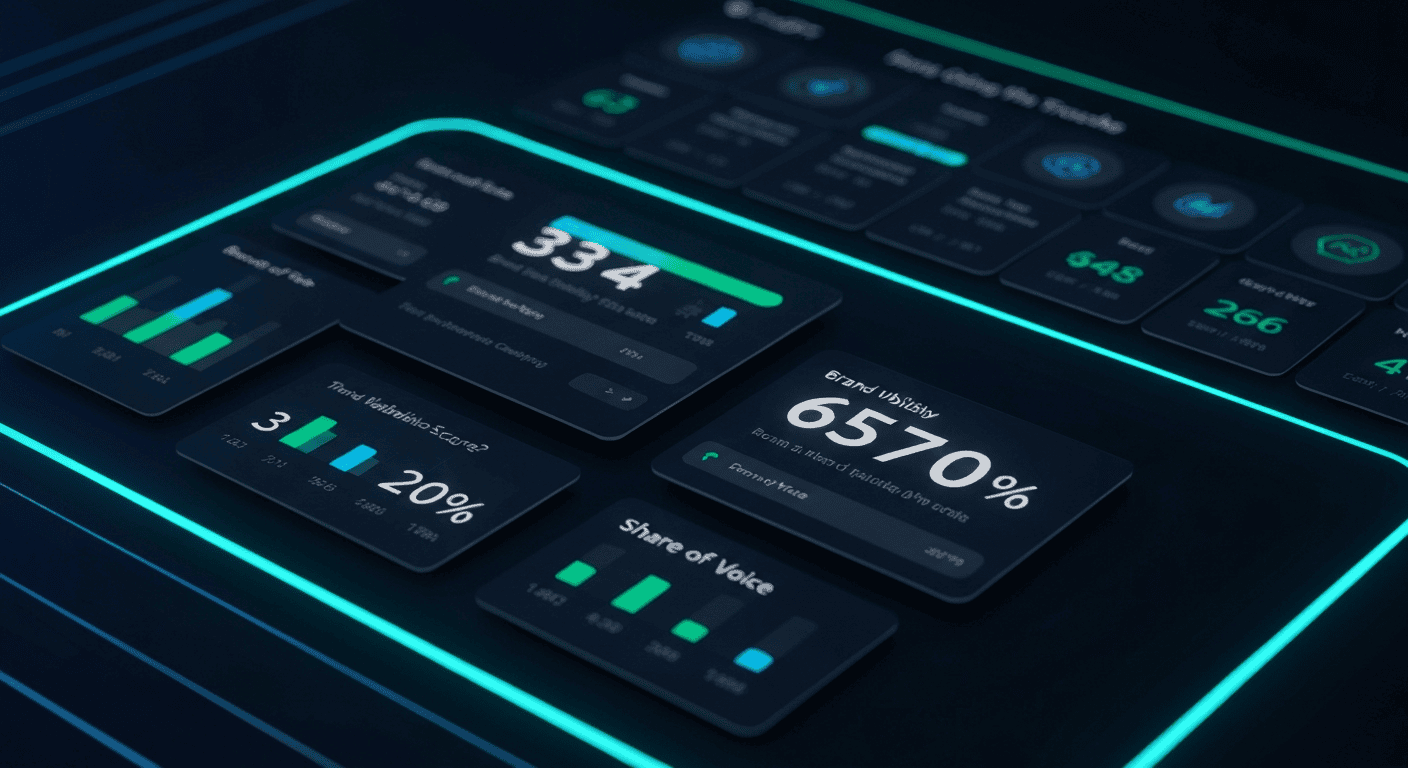 ChatGPT ranking tracker dashboard with glowing AI panel and floating analytics cards for brand visibility monitoring