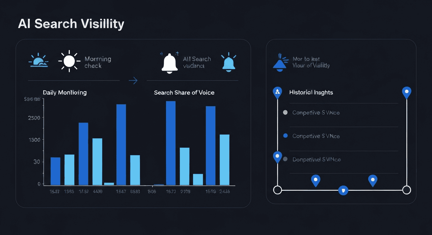 ChatGPT ranking tracker infographic explaining AI search visibility metrics, daily tracking workflow, and alert-based optimization insights