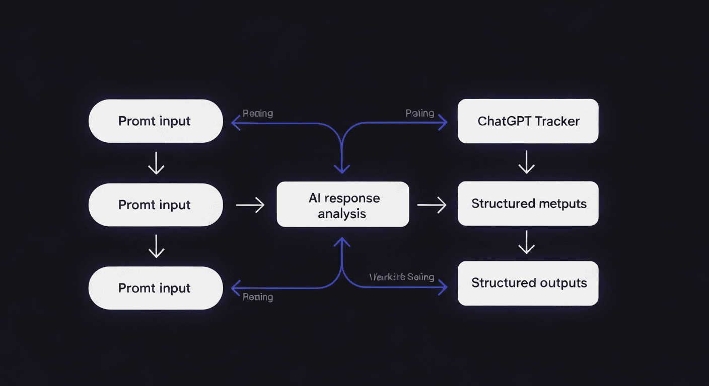 ChatGPT ranking tracker workflow diagram with prompt inputs, AI response analysis, and structured metric outputs connected by arrows