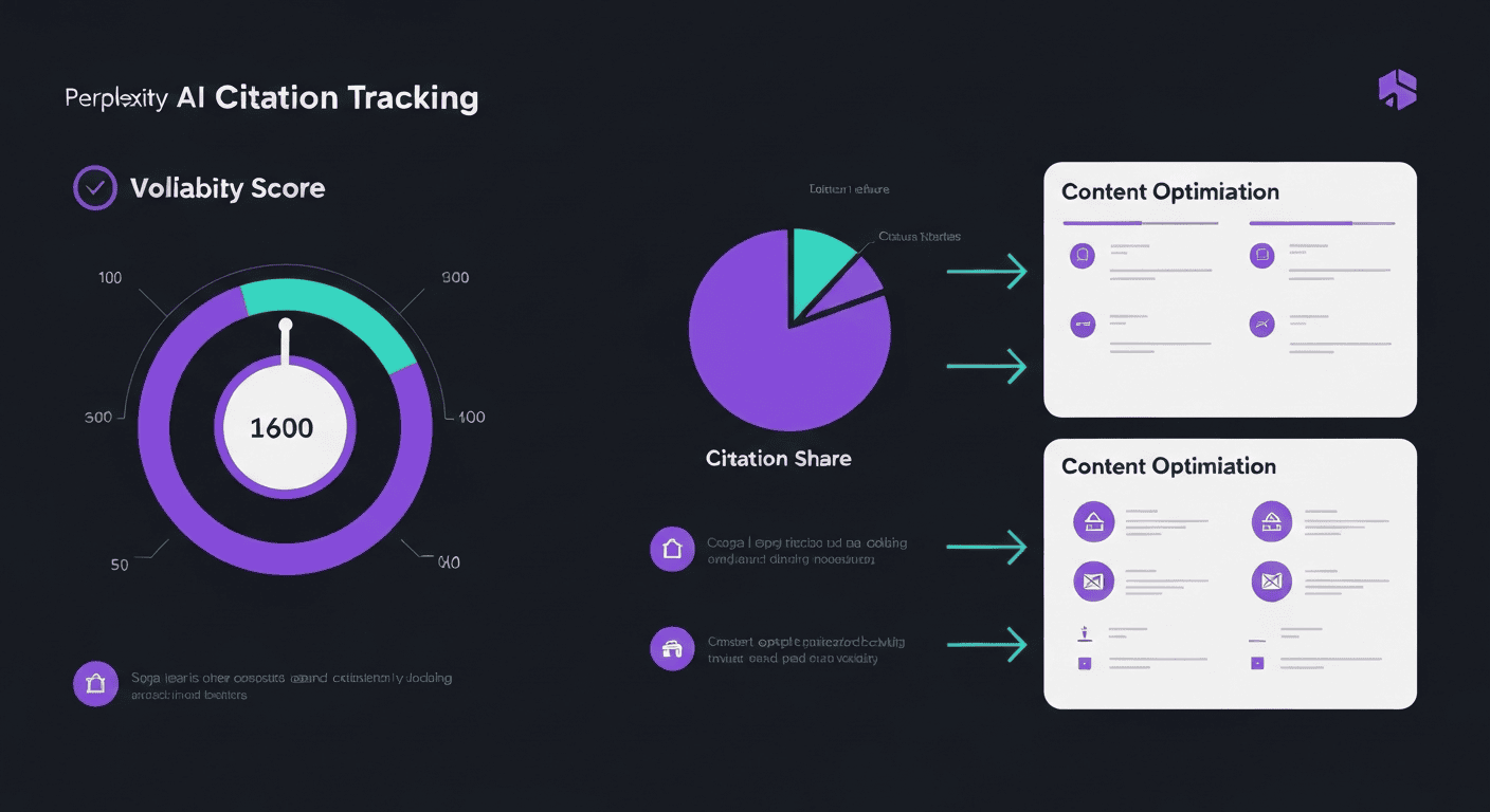 Perplexity ranking monitor infographic showing citation tracking, volatility metrics, and content optimization steps