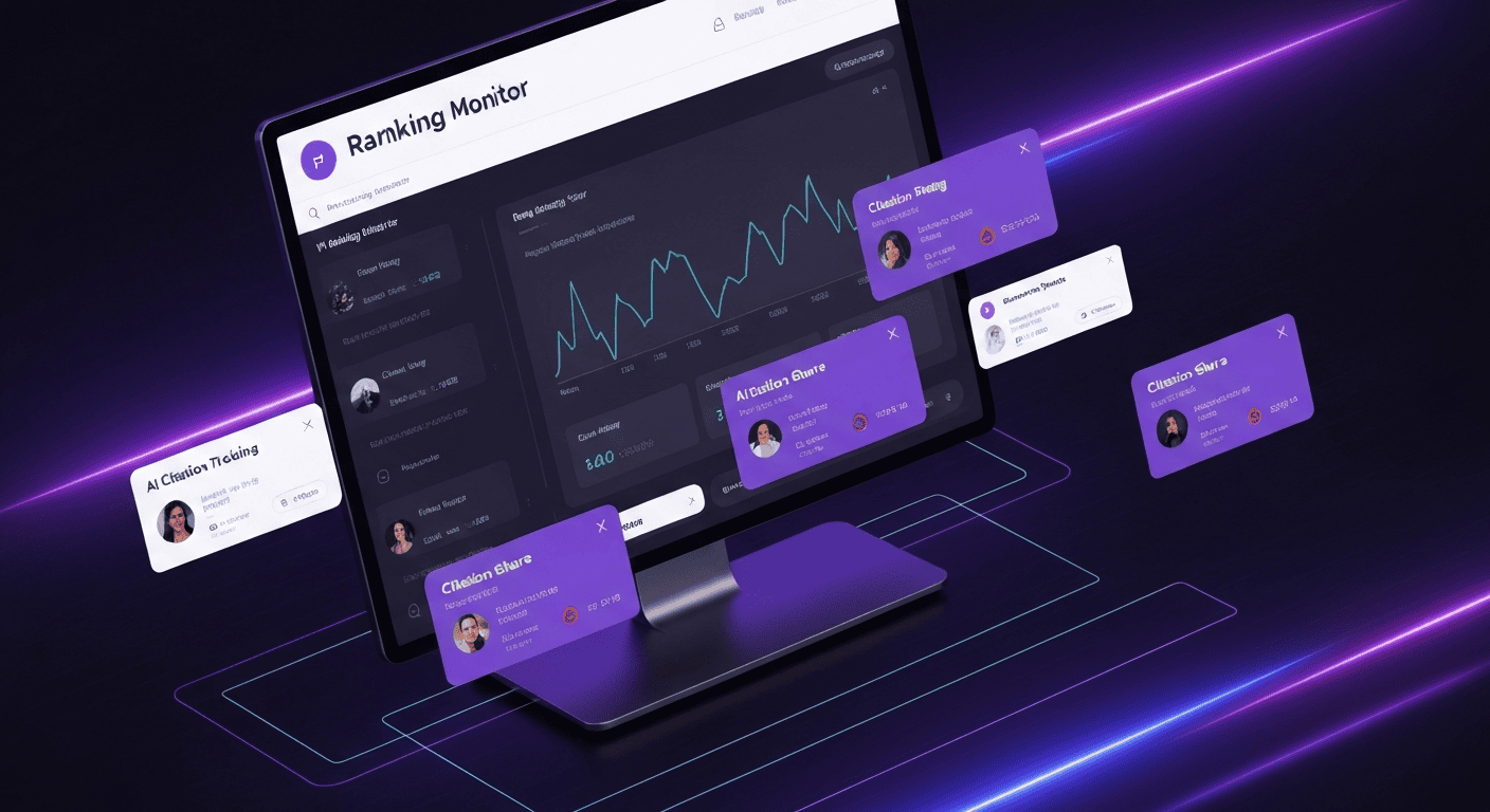 Perplexity ranking monitor interface surrounded by prompt cards and AI citation tracking widgets