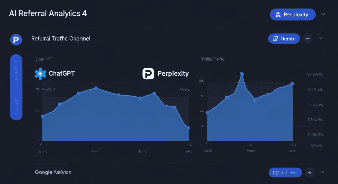 Google Analytics 4 dashboard showing rising AI referral traffic from ChatGPT, Perplexity, and Gemini as separate channel groups