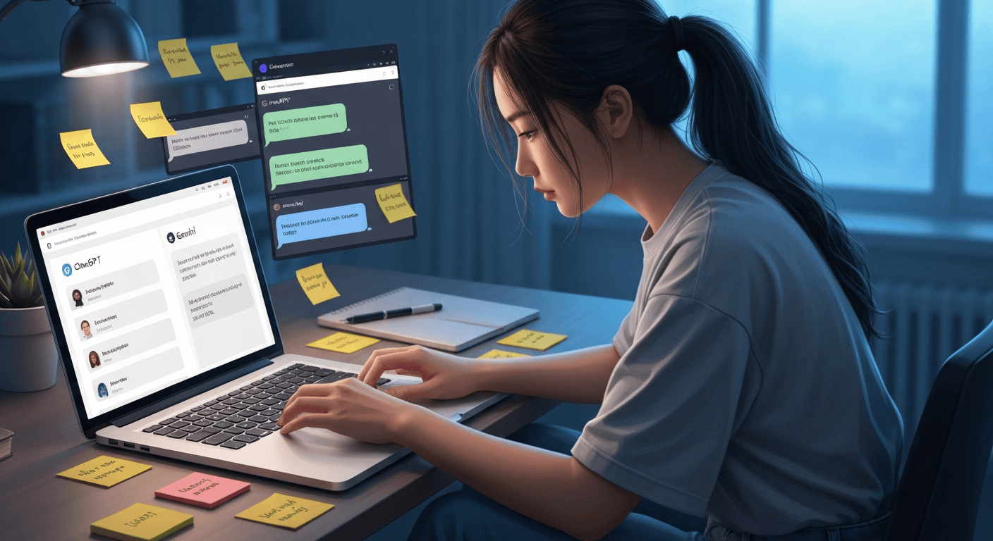 Person actively testing AI prompts on a laptop with multiple chat windows open showing varied AI responses from ChatGPT and Gemini
